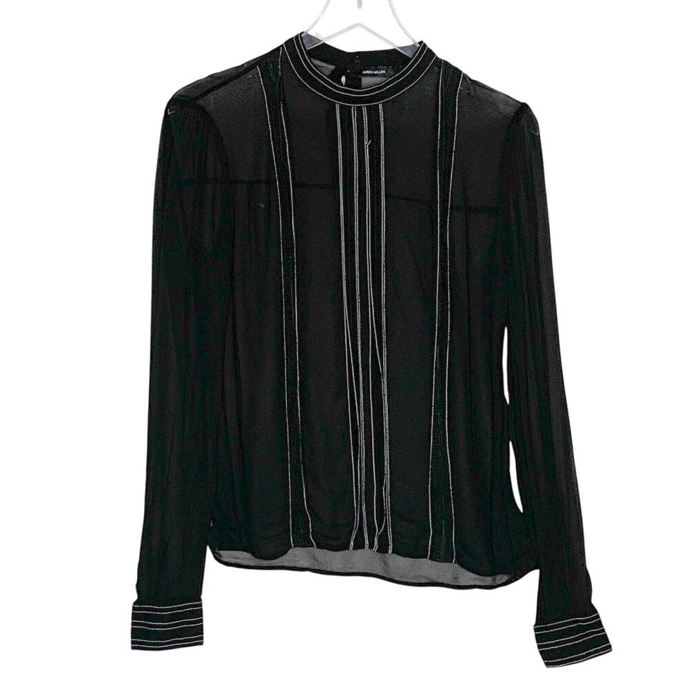 Karen Millen Black Sheer Long Sleeve Top 8 Top Stitch Pleated Front High Neck